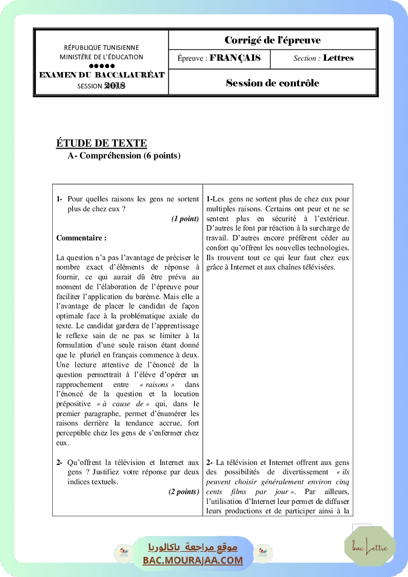 Corrigé controle francais Bac 2018 – Section lettre